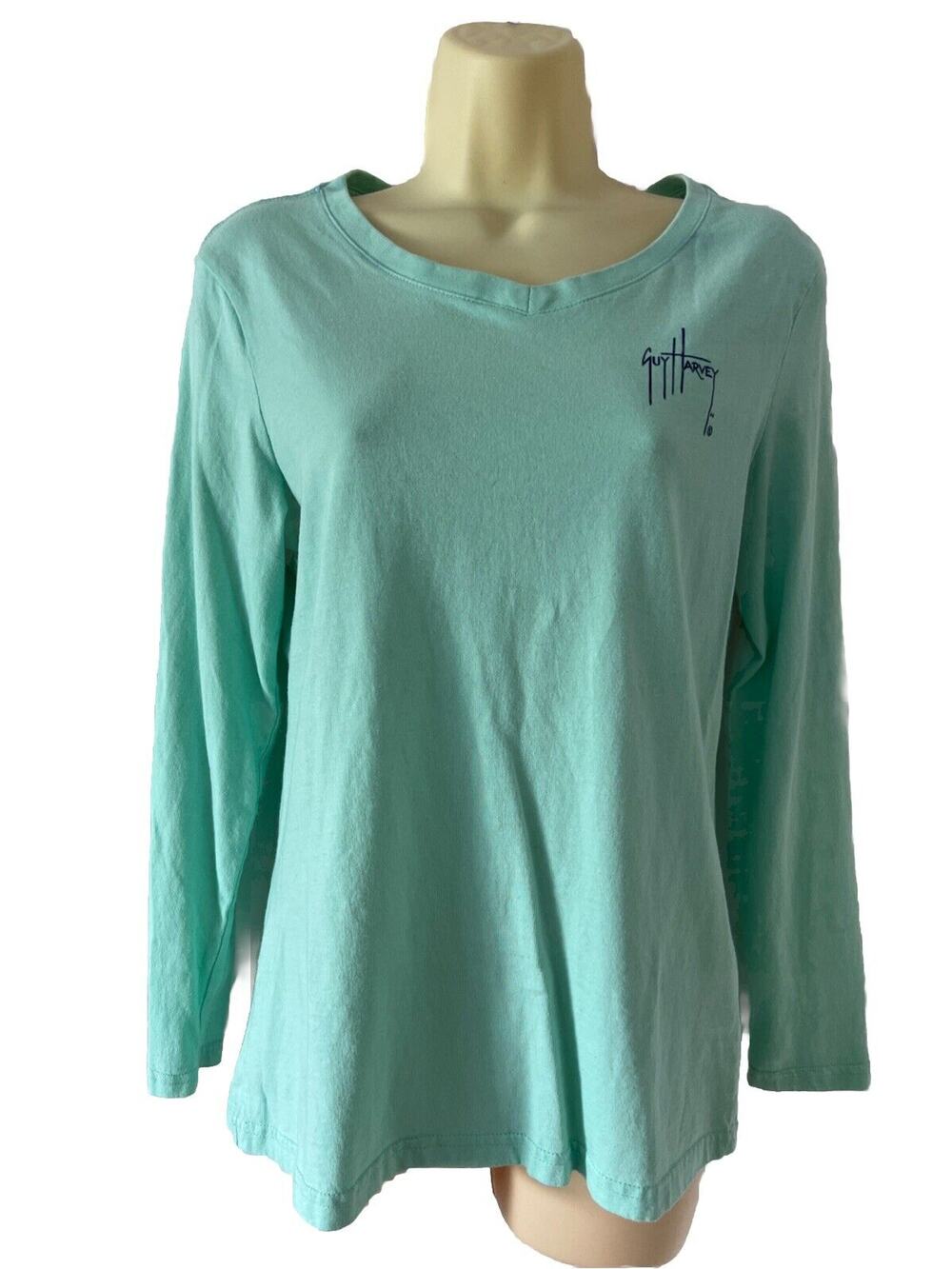 Guy Harvey Aqua Long Sleeve V-Neck T-Shirt Tropical Graphic Woman’s Size Small